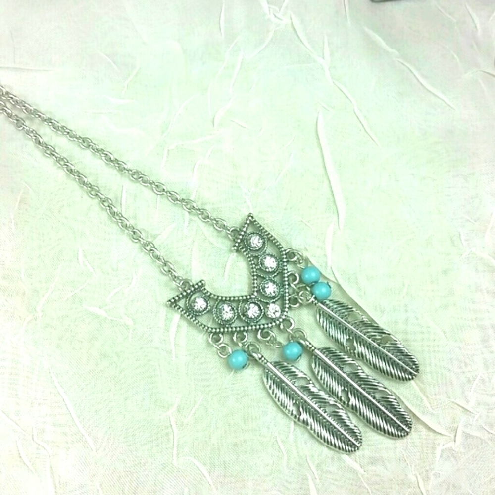 Boho Southwestern Feather Pendant Necklace Silver Tone Blue Beads Crystals 26"